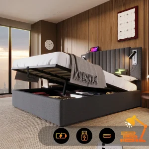 Gestoffeerd tweepersoonsbed met opbergruimte – 180 x 200 cm – met leeslamp en hoofdeinde – katoen – grijs Gestoffeerd tweepersoonsbed met opbergruimte – 180 x 200 cm – met leeslamp en hoofdeinde – katoen – grijs