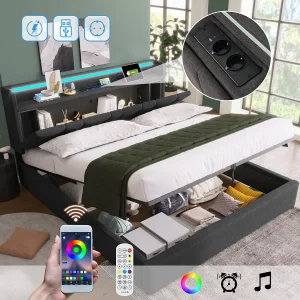 Gestoffeerd opbergbed – 140 x 190 cm – met USB-poort + opbergruimte in het hoofdeinde + LED-verlichting – hout – grijs Gestoffeerd opbergbed – 140 x 190 cm – met USB-poort + opbergruimte in het hoofdeinde + LED-verlichting – hout – grijs