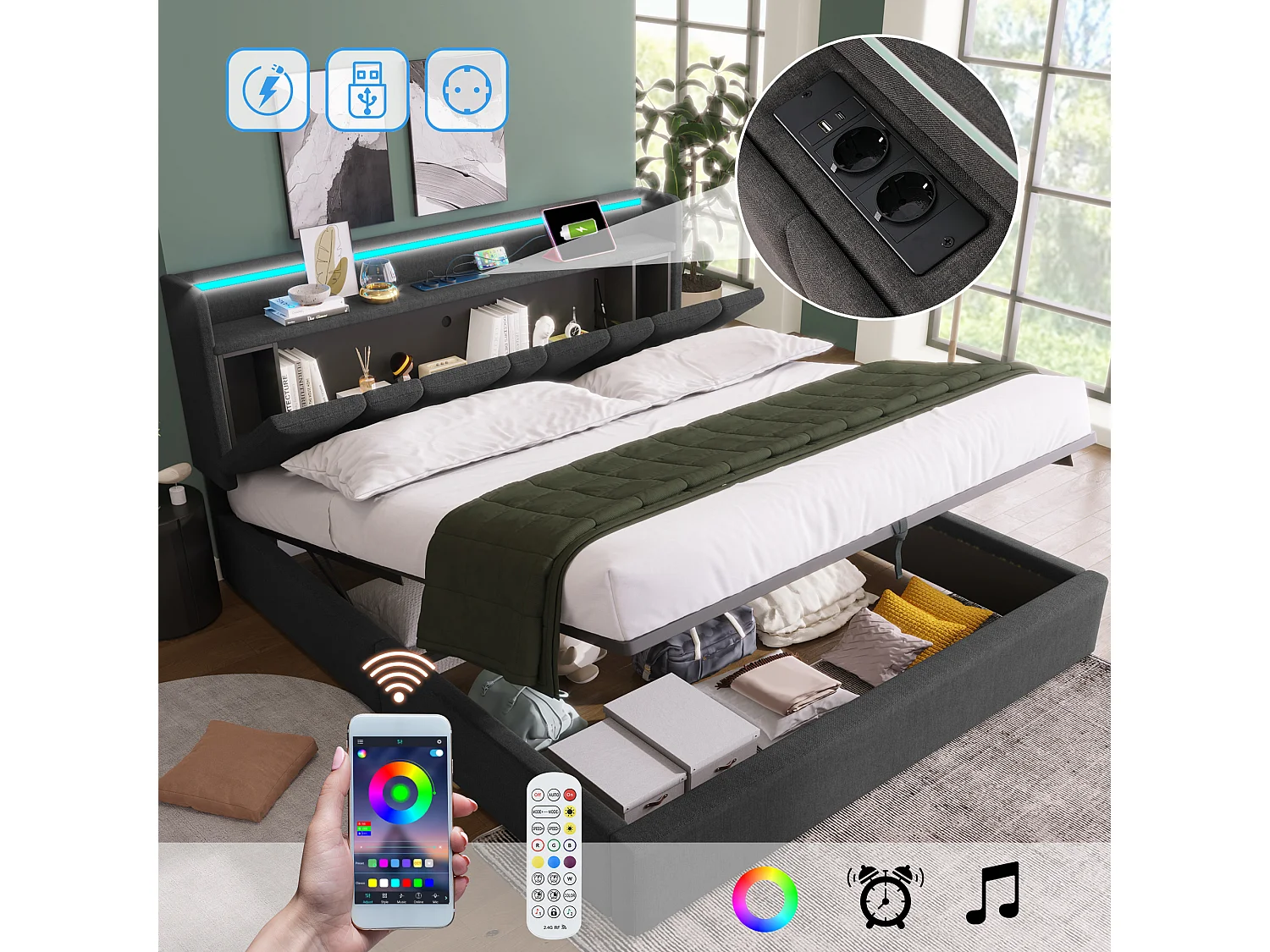 Gestoffeerd opbergbed - 140 x 190 cm - met USB-poort + opbergruimte in het hoofdeinde + LED-verlichting - hout - grijs