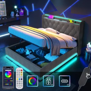 Gestoffeerd tweepersoonsbed met opbergruimte – 140 x 190 cm – met LED-verlichting + hydraulische opbergruimte + hoofdbord + USB Type-C – linnen – grijs
