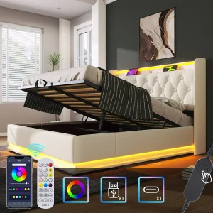 Gestoffeerd tweepersoonsbed met opbergruimte – 140 x 190 cm – met LED-verlichting + hydraulische opbergruimte + hoofdbord + USB Type-C – PU – grijs