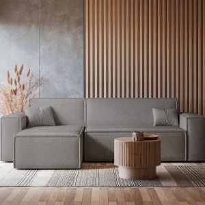 Hoekbank met omklapfunctie – lichtbruin boucle – SCARLO
