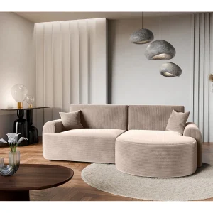 Hoekbank rechts met slaapfunctie en opbergruimte in beige ribfluweel – ARTE PREMIUM, van fabrikant VINOTTI Hoekbank rechts met slaapfunctie en opbergruimte in beige ribfluweel – ARTE PREMIUM, van fabrikant VINOTTI