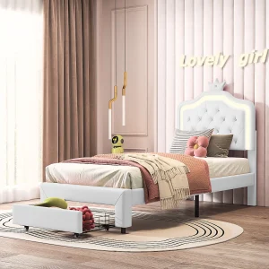 Gestoffeerd bed, met lade aan het voeteneinde en lamp aan het hoofdeinde, 90*200cm, wit, PU-materiaal Gestoffeerd bed, met lade aan het voeteneinde en lamp aan het hoofdeinde, 90*200cm, wit, PU-materiaal
