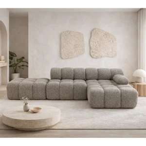 Hoekbank modulair met hocker, bank in L-vorm, bouclé stof Abriamo, bruin, rechts, Selia