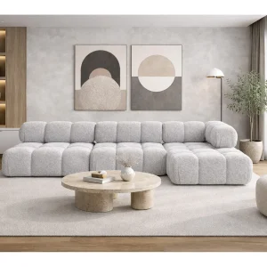 Hoekbank modulair L-vorm, bouclé stof Abriamo, lichtgrijs, rechts, Selia