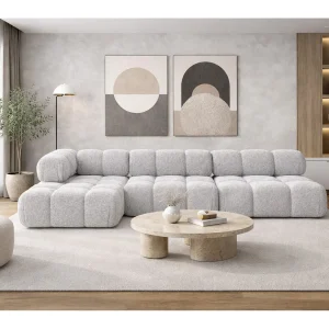 Hoekbank modulair L-vorm, bouclé stof Abriamo, lichtgrijs, links, Selia