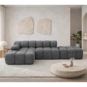Hoekbank modulair met hocker, bank in L-vorm, bouclé stof Abriamo, donkergrijs, links, Selia
