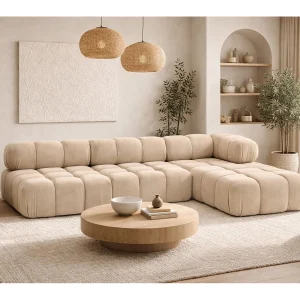 Hoekbank modulair L-vorm, veloursstof Salvador, beige, rechts, Selia
