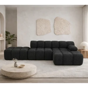 Hoekbank modulair met hocker, bank in L-vorm, bouclé stof Abriamo, grafiet, rechts, Selia