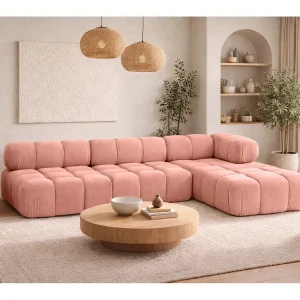 Hoekbank modulair L-vorm, veloursstof Salvador, roze, rechts, Selia