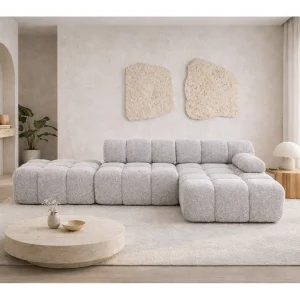 Hoekbank modulair met hocker, bank in L-vorm, bouclé stof Abriamo, lichtgrijs, rechts, Selia