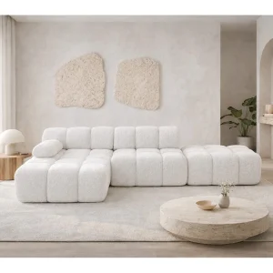 Hoekbank modulair met hocker, bank in L-vorm, bouclé stof Abriamo, ecru, links, Selia