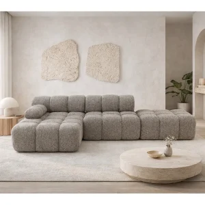 Hoekbank modulair met hocker, bank in L-vorm, bouclé stof Abriamo, bruin, links, Selia