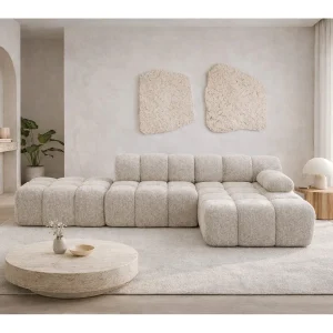 Hoekbank modulair met hocker, bank in L-vorm, bouclé stof Abriamo, beige, rechts, Selia