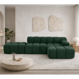 Hoekbank modulair met hocker, bank in L-vorm, bouclé stof Abriamo, donkergroen, rechts, Selia