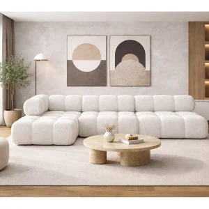 Hoekbank modulair L-vorm, bouclé stof Abriamo, ecru, links, Selia