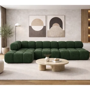 Hoekbank modulair L-vorm, bouclé stof Abriamo, donkergroen, links, Selia