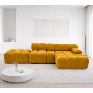 Hoekbank modulair met hocker, bank in L-vorm, veloursstof Salvador, geel, rechts, Selia