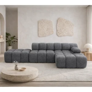 Hoekbank modulair met hocker, bank in L-vorm, bouclé stof Abriamo, donkergrijs, rechts, Selia