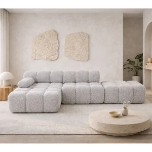 Hoekbank modulair met hocker, bank in L-vorm, bouclé stof Abriamo, lichtgrijs, links, Selia