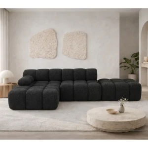 Hoekbank modulair met hocker, bank in L-vorm, bouclé stof Abriamo, grafiet, links, Selia