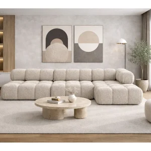 Hoekbank modulair L-vorm, bouclé stof Abriamo, beige, rechts, Selia
