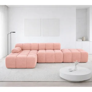 Hoekbank modulair met hocker, bank in L-vorm, veloursstof Salvador, roze, links, Selia Hoekbank modulair met hocker, bank in L-vorm, veloursstof Salvador, roze, links, Selia