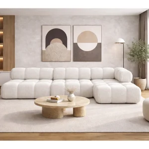 Hoekbank modulair L-vorm, bouclé stof Abriamo, ecru, rechts, Selia
