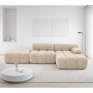 Hoekbank modulair met hocker, bank in L-vorm, veloursstof Salvador, beige, rechts, Selia