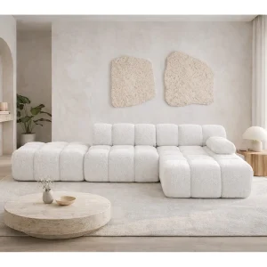 Hoekbank modulair met hocker, bank in L-vorm, bouclé stof Abriamo, ecru, rechts, Selia
