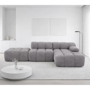 Hoekbank modulair met hocker, bank in L-vorm, veloursstof Salvador, grijs, rechts, Selia Hoekbank modulair met hocker, bank in L-vorm, veloursstof Salvador, grijs, rechts, Selia