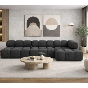 Hoekbank modulair L-vorm, bouclé stof Abriamo, grafiet, rechts, Selia