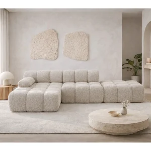 Hoekbank modulair met hocker, bank in L-vorm, bouclé stof Abriamo, beige, links, Selia