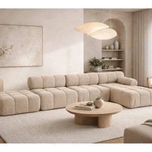 Hoekbank L-vorm XL, stof velours Salvador, Beige, Rechts, Selia L XL