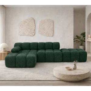 Hoekbank modulair met hocker, bank in L-vorm, bouclé stof Abriamo, donkergroen, links, Selia