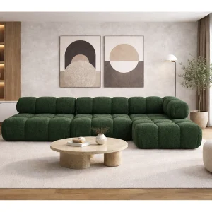 Hoekbank modulair L-vorm, bouclé stof Abriamo, donkergroen, rechts, Selia