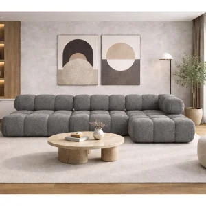 Hoekbank modulair L-vorm, bouclé stof Abriamo, donkergrijs, rechts, Selia