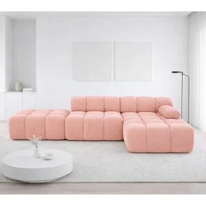 Hoekbank modulair met hocker, bank in L-vorm, veloursstof Salvador, roze, rechts, Selia Hoekbank modulair met hocker, bank in L-vorm, veloursstof Salvador, roze, rechts, Selia