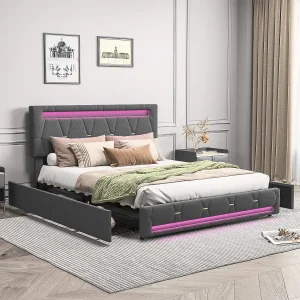 Gestoffeerd tweepersoonsbed 160 x 200 cm, LED, met lattenbodem, opbergruimte, Grijs Gestoffeerd tweepersoonsbed 160 x 200 cm, LED, met lattenbodem, opbergruimte, Grijs