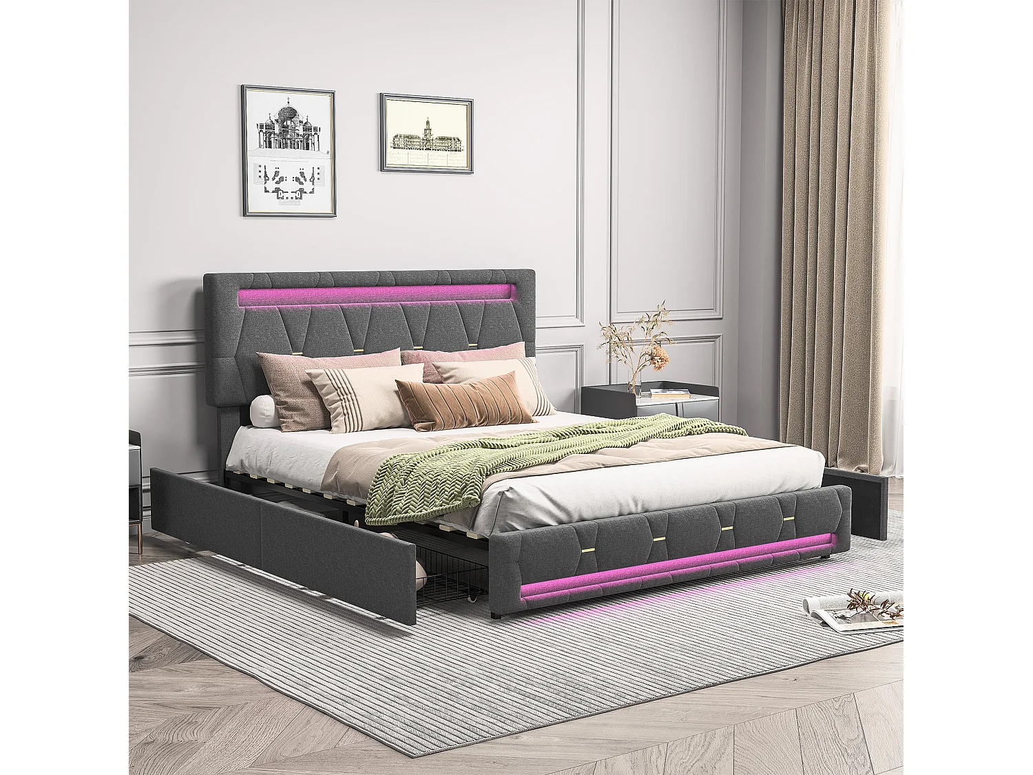 Gestoffeerd tweepersoonsbed 160 x 200 cm, LED, met lattenbodem, opbergruimte, Grijs