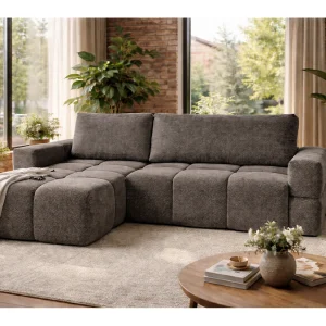 Hoekbank MODENA omkeerbaar en uitschuifbaar met opbergruimte – grote bank, extra bed, modern design, grijze stof, comfortabel voor het hele gezin Hoekbank MODENA omkeerbaar en uitschuifbaar met opbergruimte – grote bank, extra bed, modern design, grijze stof, comfortabel voor het hele gezin