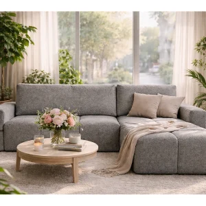 Hoekbank MODENA omkeerbaar en uitschuifbaar met opbergruimte – grote bank, extra bed, modern design, lichtgrijze stof, comfortabel voor het hele gezin Hoekbank MODENA omkeerbaar en uitschuifbaar met opbergruimte – grote bank, extra bed, modern design, lichtgrijze stof, comfortabel voor het hele gezin