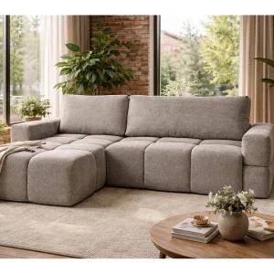 Hoekbank MODENA omkeerbaar en uitschuifbaar met opbergruimte – grote bank, extra bed, modern design, lichtgrijze stof, comfortabel voor het hele gezin Hoekbank MODENA omkeerbaar en uitschuifbaar met opbergruimte – grote bank, extra bed, modern design, lichtgrijze stof, comfortabel voor het hele gezin