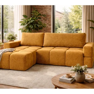 Hoekbank MODENA omkeerbaar en uitschuifbaar met opbergruimte – grote bank, extra bed, modern design, mosterd stof, comfortabel voor het hele gezin Hoekbank MODENA omkeerbaar en uitschuifbaar met opbergruimte – grote bank, extra bed, modern design, mosterd stof, comfortabel voor het hele gezin