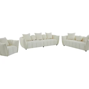 Vierzitsbank, driezitsbank en een draaifauteuil in beige getextureerde stof GONOLON Vierzitsbank, driezitsbank en een draaifauteuil in beige getextureerde stof GONOLON