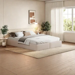 Gestoffeerd bed 140 x 200 cm, platform met 2 lades, zonder hoofdbord, beige Gestoffeerd bed 140 x 200 cm, platform met 2 lades, zonder hoofdbord, beige