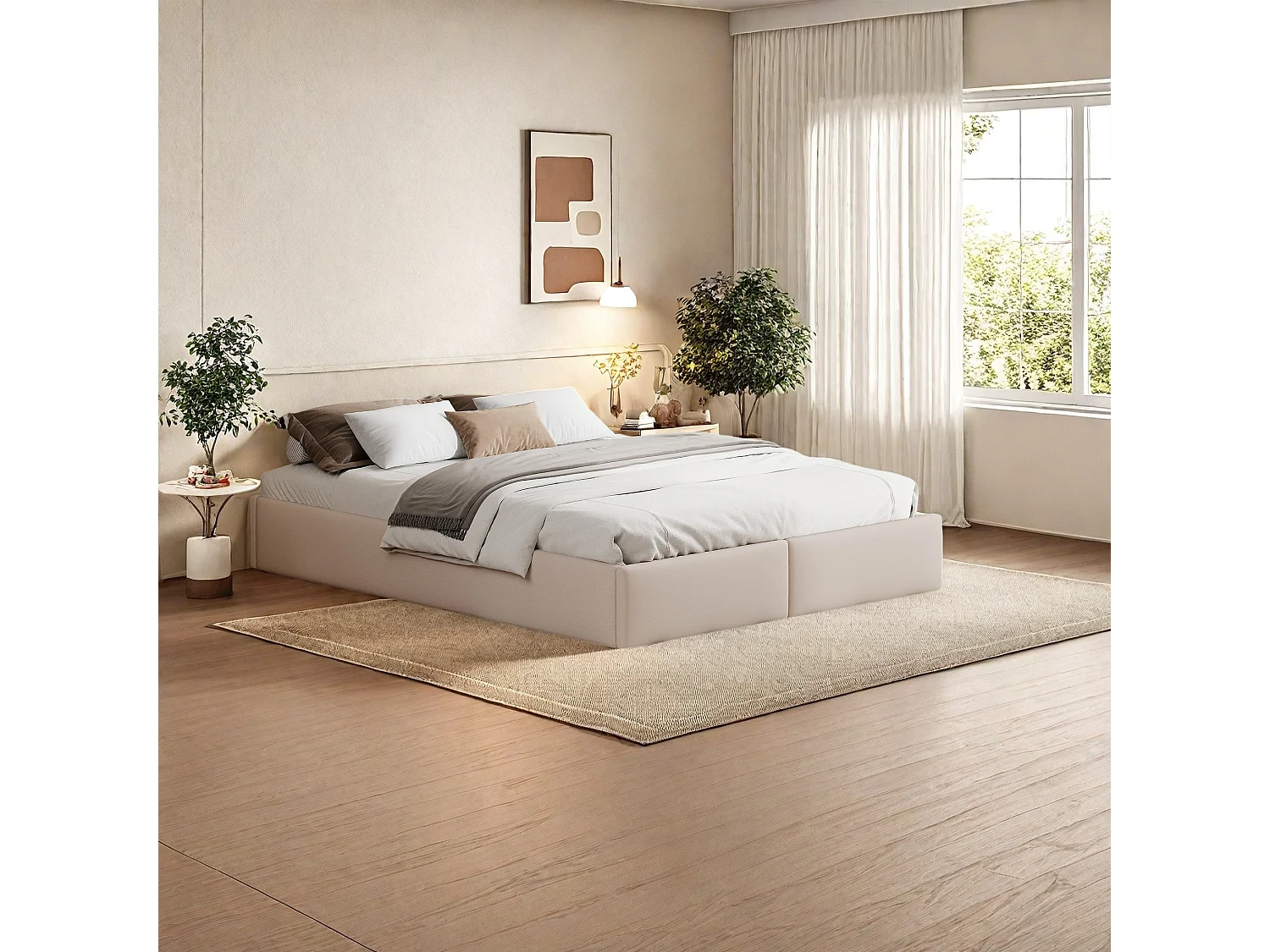 Gestoffeerd bed 140 x 200 cm, platform met 2 lades, zonder hoofdbord, beige