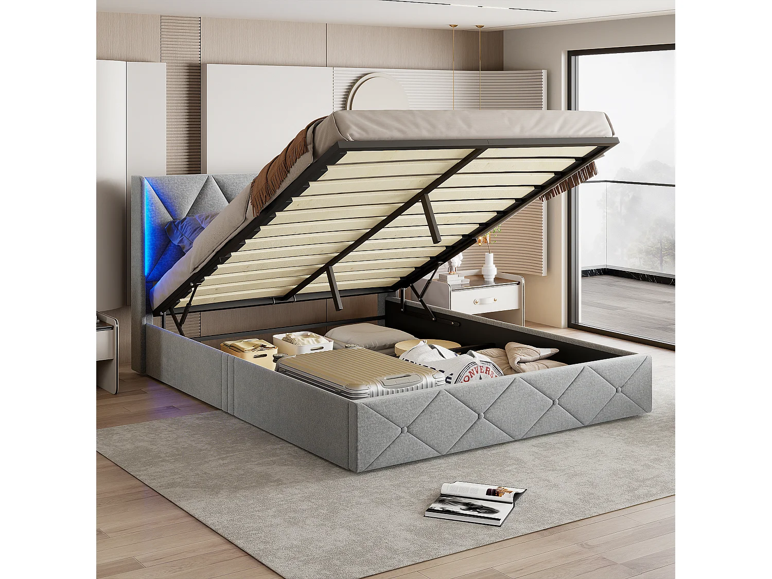 Gestoffeerd tweepersoonsbed, 140 x 200 cm, LED, opbergruimte en lattenbodem, fluweel, grijs