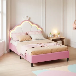 Gestoffeerd bed 140 x 200 cm, prinsessenbed met verstelbaar LED-hoofdbord en lattenbodem, roze Gestoffeerd bed 140 x 200 cm, prinsessenbed met verstelbaar LED-hoofdbord en lattenbodem, roze